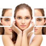A woman with clear skin is framed by multiple mirror-like panels, reflecting her face from different angles. Some panels reveal scars and blemishes, illustrating a remarkable before-and-after transformation concept.