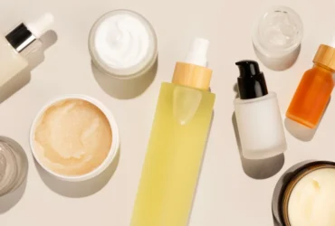 A flat-lay of skincare products, ideal for a simple skincare routine.