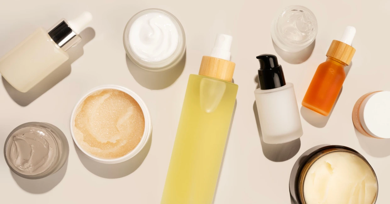 A flat-lay of skincare products, ideal for a simple skincare routine.